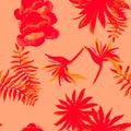 Scarlet Tropical Design. Red Seamless Botanical. Coral Pattern Nature. Pink Flower Foliage. Ruby Drawing Vintage.