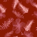 Scarlet Tropical Exotic. Red Seamless Leaf. Pink Pattern Hibiscus. Coral Drawing Design. White Flower Background. Royalty Free Stock Photo
