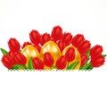 Scarlet tulips and Easter eggs. Easter card.