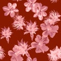 Scarlet Watercolor Backdrop. Red Flower Leaves. Pink Seamless Plant. Coral Hibiscus Leaves. Pattern Texture. Tropical Design. Fash Royalty Free Stock Photo