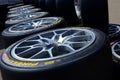 Scarperia Florence, Italy - March 2018 : detail of tires and alloy wheels for Ferrari racing cars in the paddock of Mugello