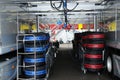 Scarperia, ITALY May 2012: Formula 1 tires in preheating with electric blankets in the pits of the Mugello Circuit.