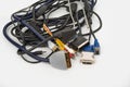 Scart and cinch electronic cables for TV and computer on a white Royalty Free Stock Photo