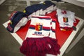 Scarves and caps of Genoa 1893 football team on sale in Genoa Shop at Genoa `Porto Antico` area, Italy