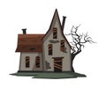 Scary Abandoned House, Halloween Haunted Cottage with Boarded Up Windows and Creepy Tree Vector Illustration on White