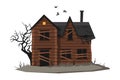 Scary Abandoned Wooden House with Boarded Up Windows and Birds Flying Around, Halloween Haunted Cottage Vector