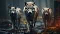 Scary and angry wolves look into the camera lens