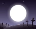 Scary background for Halloween cemetery with crosses and full moon in sky