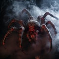 Scary background for halloween, contours of black hairy spider with red eyes in smoke and fire on black, horror