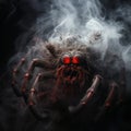 Scary background for halloween, contours of black hairy spider with red eyes in smoke and fire on black, horror,