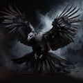 Scary background for halloween, contours of flying black raven in smoke and fire on black, horror