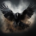 Scary background for halloween, contours of flying black raven in smoke and fire on black, horror