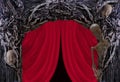 scary background with skeleton, skulls, red theater curtain, halloween concept, time passed, end of life, Abstract concept