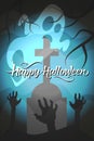 Scary banner with zombie hands and a ghost on background. Happy Halloween banner or card vector illustration. Royalty Free Stock Photo