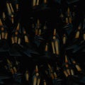 Seamless watercolor halloween pattern. Black background and dark silhouettes of the castle. Royalty Free Stock Photo