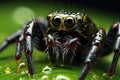 Scary black spider sits on green leaf after rain in wildlife, macro view