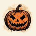 Orange Scary Halloween JackâOâLantern Pumpkin Block Print Illustration