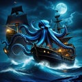 A scary blue giant octopus kraken monster attacking a pirate ship in the dark