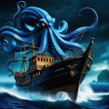 A scary blue giant octopus kraken monster attacking a pirate ship in the dark