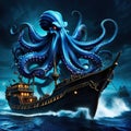 A scary blue giant octopus kraken monster attacking a pirate ship in the dark