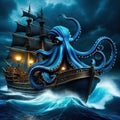 A scary blue giant octopus kraken monster attacking a pirate ship in the dark