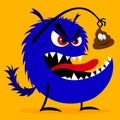 Scary blue monster with red eyes wants to eat funny shit, vector