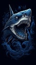 scary Blue shark in the art in the style of nightmarish on black background generative AI Royalty Free Stock Photo