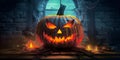 Scary carved glowing pumpkin. Horror banner or greeting card with Halloween holiday Royalty Free Stock Photo