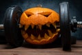 Halloween pumpkin clenching teeth on gym barbell dumbbell. Royalty Free Stock Photo