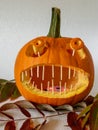 Scary carved pumpkin with sharp teeth on autumn leaves