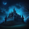 Scary castle at haunted place on Dark scene with Gothic gloomy palace in full content Royalty Free Stock Photo