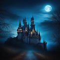 Scary castle at haunted place on Dark scene with Gothic gloomy palace in full content Royalty Free Stock Photo