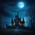 Scary castle at haunted place on Dark scene with Gothic gloomy palace in full content Royalty Free Stock Photo