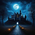 Scary castle at haunted place on Dark scene with Gothic gloomy palace in full content Royalty Free Stock Photo