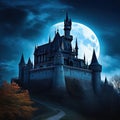 Scary castle at haunted place on Dark scene with Gothic gloomy palace in full content Royalty Free Stock Photo