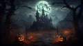 A scary castle at night on a full moon, bats flying and pumpkin-lanterns with scary faces everywhere, fog. Happy Halloween Royalty Free Stock Photo