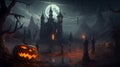 A scary castle at night on a full moon, bats flying and pumpkin-lanterns with scary faces everywhere, fog. Happy Halloween Royalty Free Stock Photo