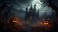 A scary castle at night on a full moon, bats flying and pumpkin-lanterns with scary faces everywhere, fog. Happy Halloween Royalty Free Stock Photo