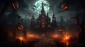 A scary castle at night on a full moon, bats flying and pumpkin-lanterns with scary faces everywhere, fog. Happy Halloween Royalty Free Stock Photo