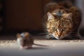 Scary cat hunting to mouse on floor, portrait of domestic predator before pounce, face of pet playing at home. Concept of attack, Royalty Free Stock Photo