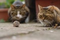 Scary cats watches little mouse outdoor, funny pets hunting at backyard. Concept of humor, food, pounce, animal Royalty Free Stock Photo