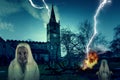Scary Church Graveyard with Lightning And Ghost