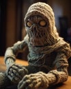 Crocheted Zombies: Closeup of a Knitted Zombie Doll Sitting on a Table Royalty Free Stock Photo