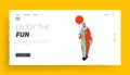 Scary Clown with Balloon Landing Page Template. Male Animator Wearing Funster Costume in Patches, Wig