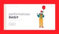 Scary Clown with Balloon Landing Page Template. Male Animator Wearing Funster Costume, Wig, Red Nose and Creepy Face Royalty Free Stock Photo