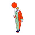 Scary Clown with Balloon. Male Animator Wearing Funster Costume in Patches, Wig, Red Nose and Creepy Face