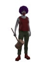 Scary clown with curly purple hair, standing with evil smile and holding a wooden mallet. Isolated 3D rendering Royalty Free Stock Photo