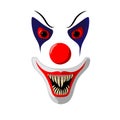 Scary clown face with bloody eyes and big fangs