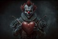 scary clown holding a red heart Royalty Free Stock Photo