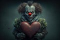 scary clown holding a red heart Royalty Free Stock Photo